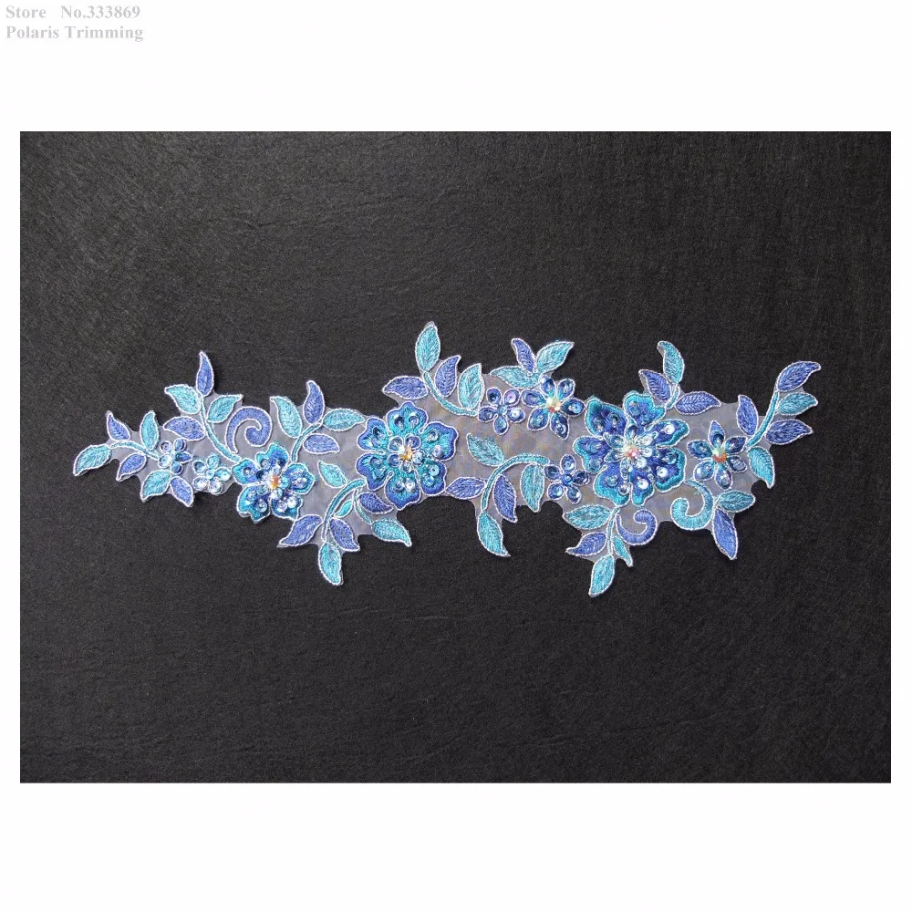 Free Shipping 2pcs/lot x New Handmade Blue/Silver Sequined Beaded Flower Lace Applique Trim Patch Dance Dress Decorating PBNC92A | Дом и сад