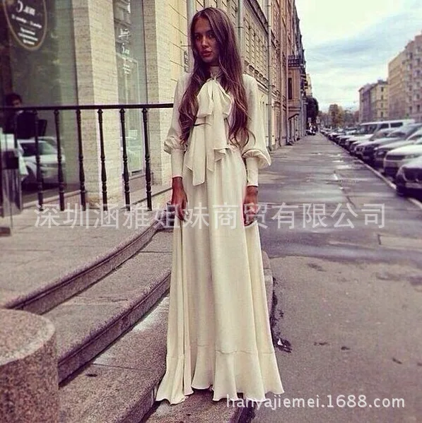 Elegant Chiffon White Boho Maxi Woman Dress with Belt Long Sleeve Vintage Beach Dresses Draped Party Vestido Plus Size | Женская одежда