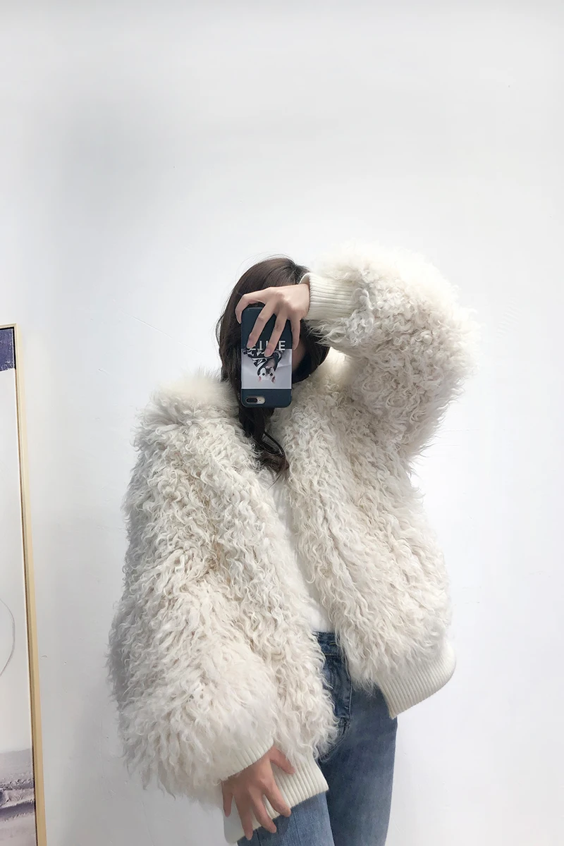 Sheep curls woven fur coat female fox fur collar hooded lamb fur coat long coat 2020 new winter