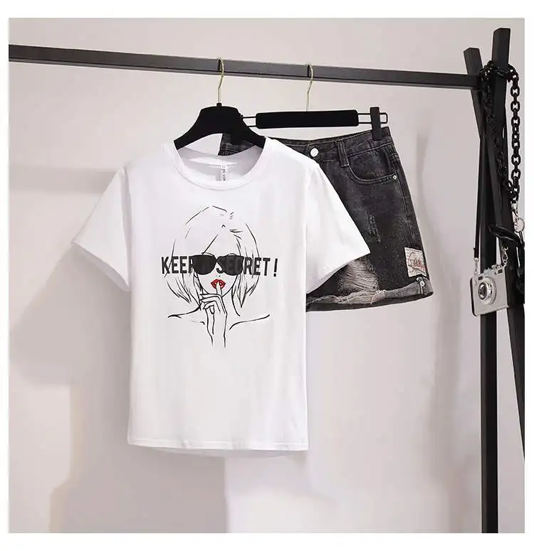 Летняя футболка джинсовые шорты костюмы женская индивидуальность с надписью