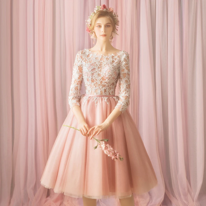 

A-line 3/4 Sleeves Appliques Scoop See-Through Knee-Length Short Custom-Made bridesmaid dresses