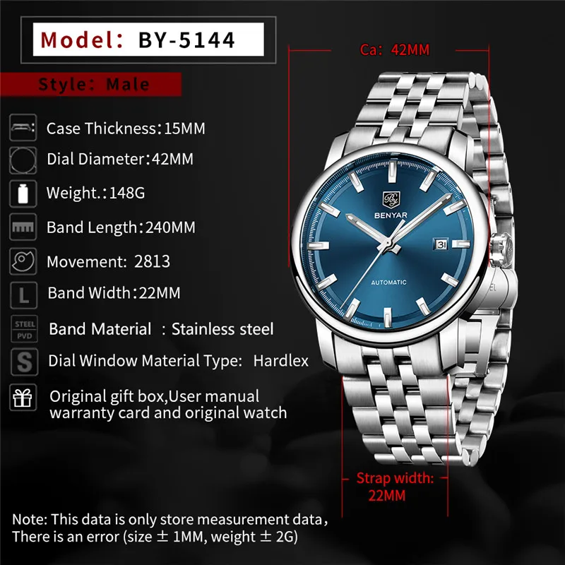 

BENYAR New Fashion Top Luxury Brand Leather Watch Men Automatic Wristwatch Mens Mechanical Steel Watches Relogio Masculino+box