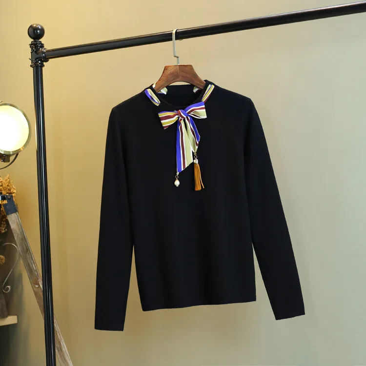 2018 осенний корейский Шелковый пуловер с бантом и длинными рукавами свитер блузка