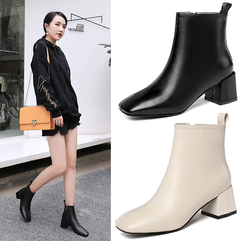 

TXCNMB Top Quality Women Genuine Leather Party Shoes Woman High Heels Short Ladies Shoes Female Autumn Winter Basic Boots