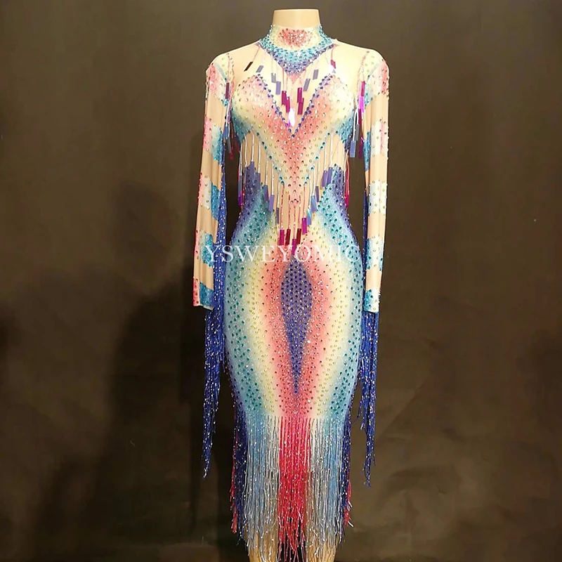 

Women Sexy Net Long Dress Colorful Bling Fringe Shiny Crystals Nightclub Party Costume Stage dance wear for singers Dancers