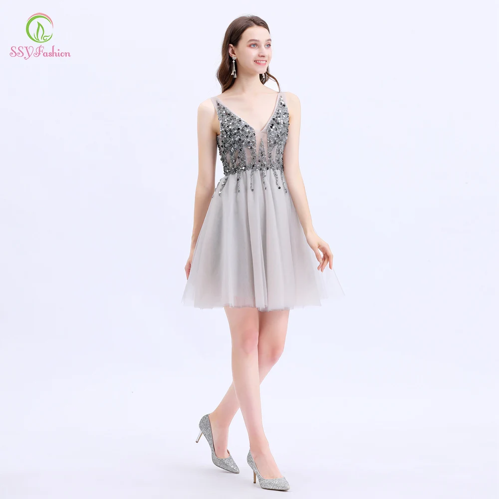 SSYFashion Новые короткие коктейльные платья женские роскошные с блестками и v-образным вырезом сексуальные мини Вечерние платья Vestido De Noche на заказ