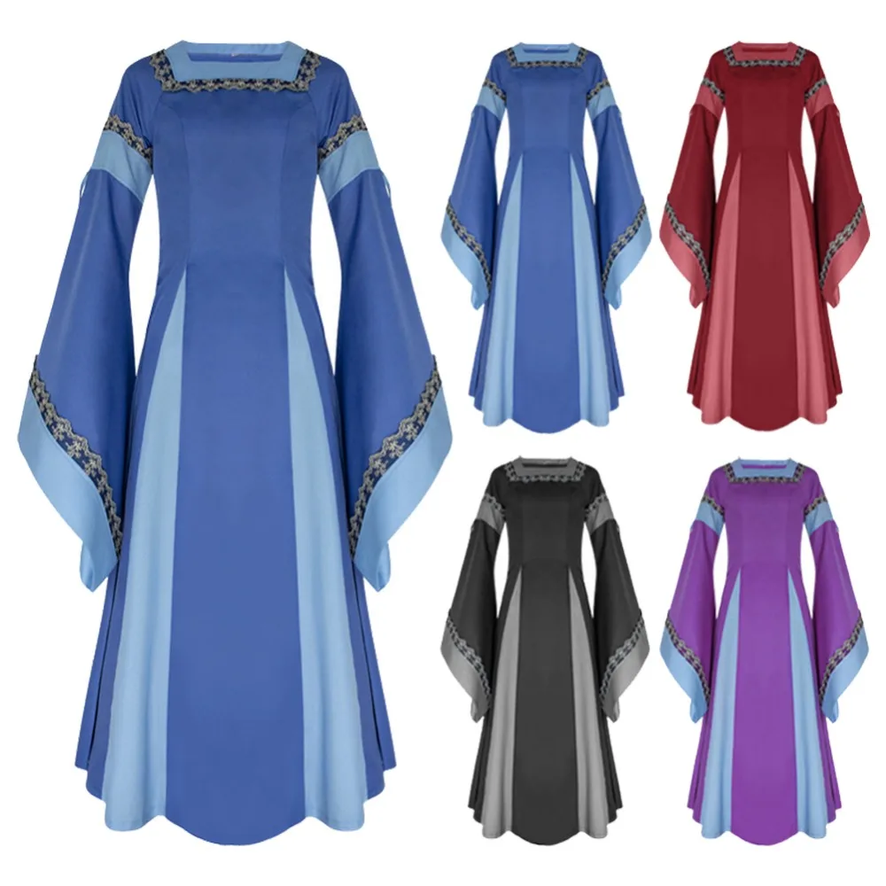 

Medieval Renaissance Dress Retro Vintage Victorian Gothic Dress Long Flare Sleeve Square Collar Costume