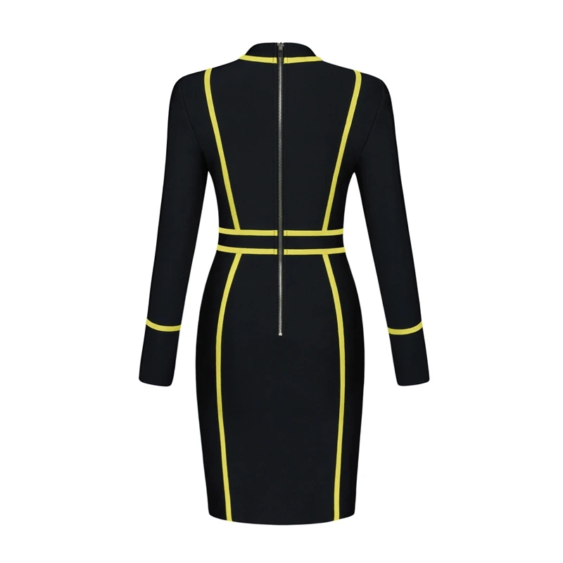 

INDRESSME New Sexy Full Sleeve Elegant Bandage Dress Striped Mini Dress Stand Neck Winter Slim Women Lady Party Dress Vestidos