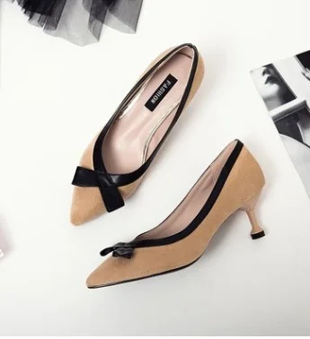 NEW Women's Bowknot Suede Thick High Heels Casual Pointed Toe Fashion Shoes zapatillas mujer verano zapatos mujer tacon 2019