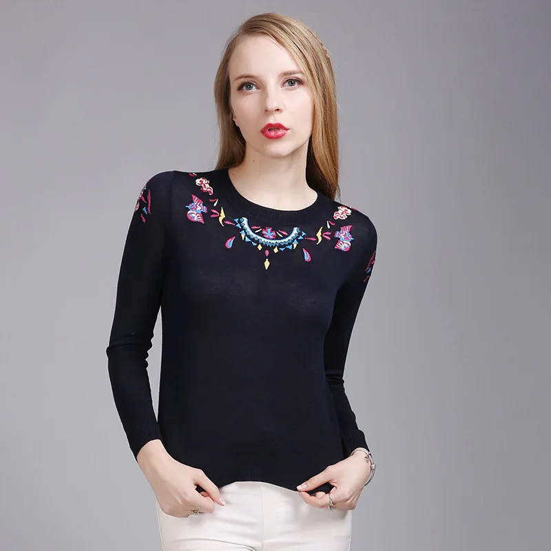 Радость Душу Вышивка Женщины Свитера 2017 Вязание Рубашка Полный Рукав Плюс Размер