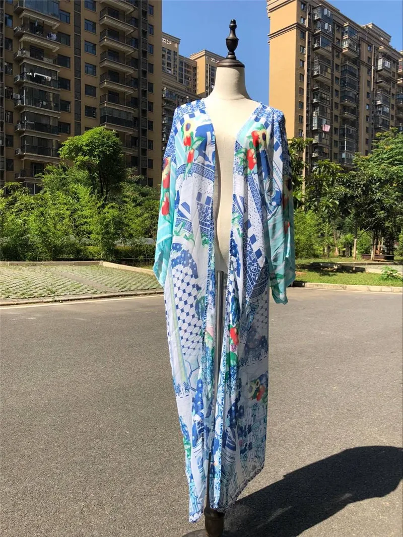 Бохо богемный принт синий хлопок длинное пляжное кимоно кардиган купальник