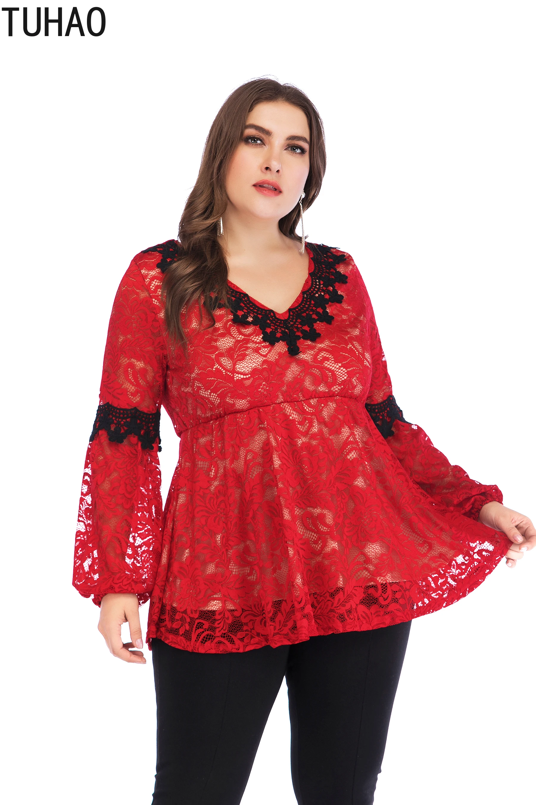 TUHAO Lantern Sleeve Red Lace Women Blouse Plus Size WOMENS Office Lady Elegant Female Large Sexy Party Shirts Tops | Женская одежда
