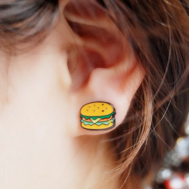 

1pair korean harajuku earrings for women jewelry cute colorful enamel hamburger ear stud piercing earings brincos bijoux