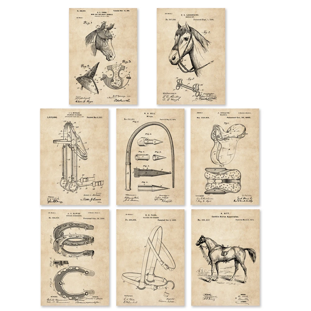 Винтажный запатентованный рисунок на лошадях снаряжение bridleware & bit Stirrups Halter Horseshoes