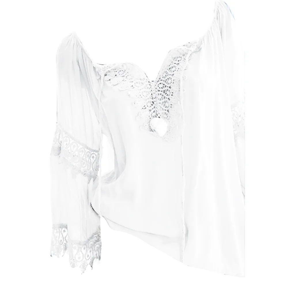 White Размера плюс S-5XL Женские топы с открытыми плечами Boho одноцветные женские сексуальные кружевные с длинным рукавом Блузка Топы Свободного Покроя blusas mujer de moda - Цвет: White