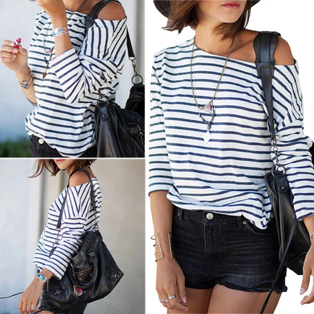 Лидер продаж женские блузки на одно плечо черно-белая полоска три четверти