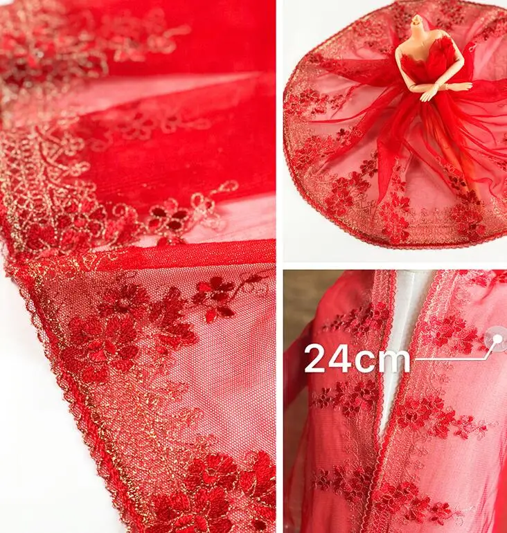 Аксессуары для одежды 1 метр красная кружевная ткань с золотой сеткой отделка