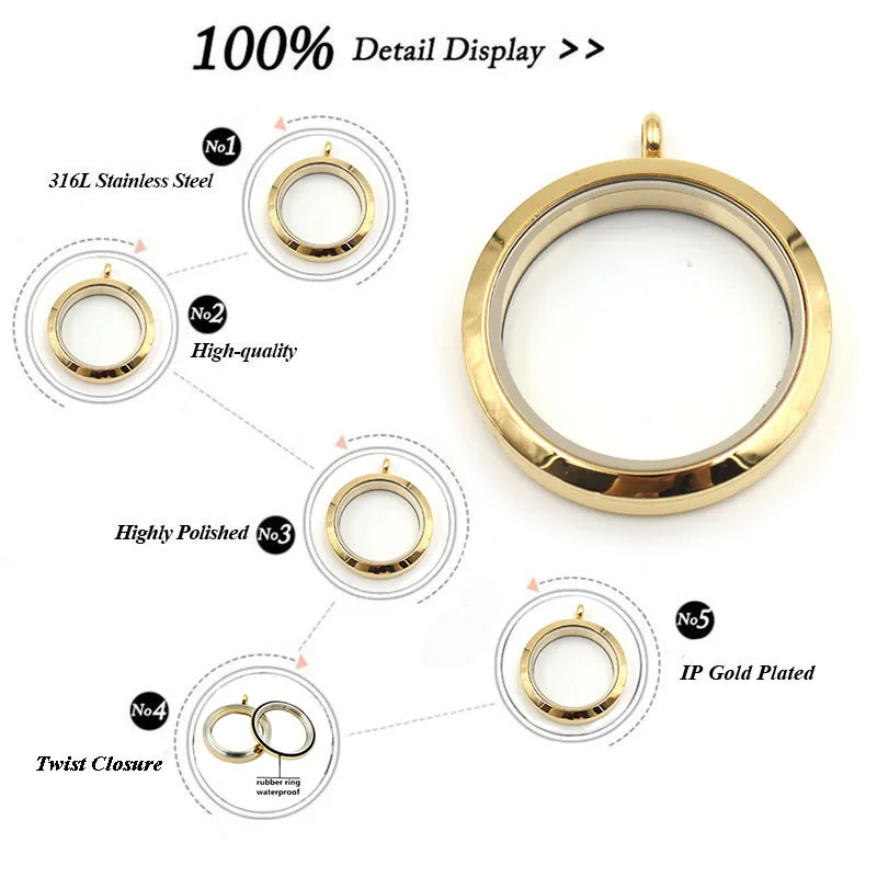 Оптовая продажа водонепроницаемый золотой круглый плавающий медальон из