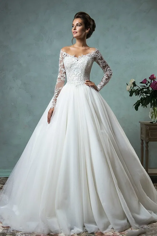 Pure White &amp Ivory Tulle Lace Wedding Dress V-neck Bride Long Sleeve Off The Shoulder Ball Gown Free Shipping Robe De Mariee | Свадьбы и