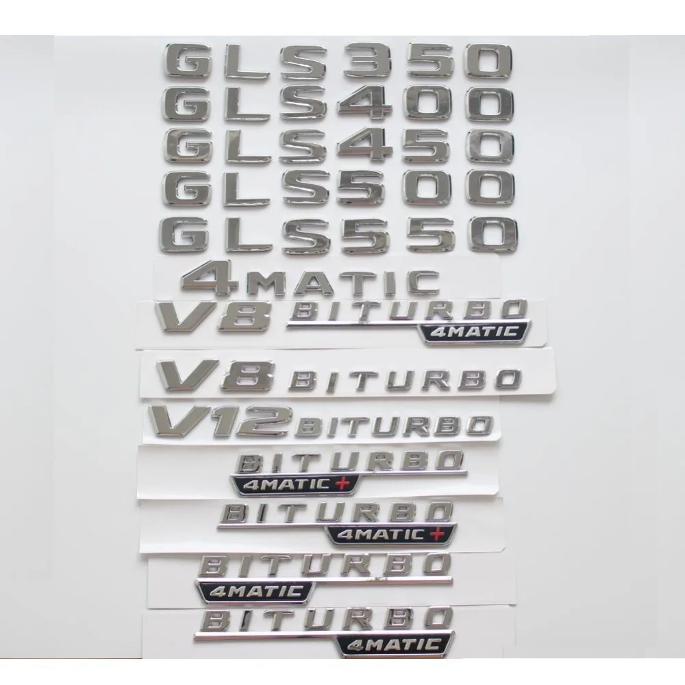 

Flat Chrome Trunk Letters Badges Emblems for Mercedes Benz GLS350 GLS400 GLS450 GLS500 GLS550 V8 BITURBO 4MATIC AMG