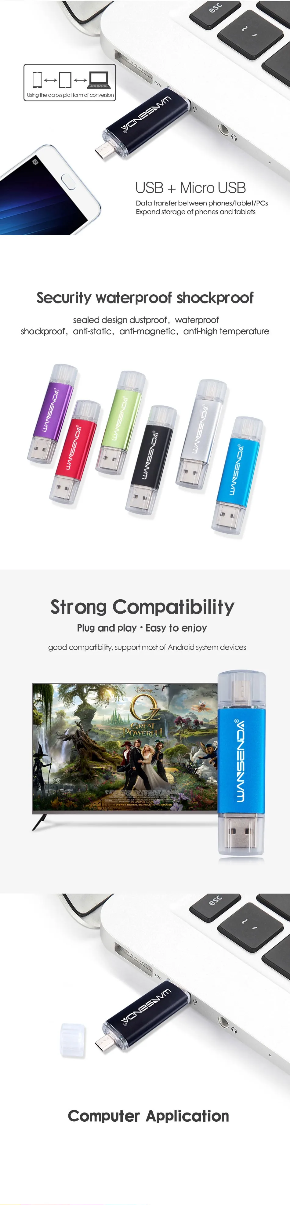 Флеш-накопитель USB Wansenda OTG USB 2,0, 4G, 8G, 16G, 32G, 64G, 128G, 256G, двойная металлическая Флешка для смартфонов/планшетов/ПК
