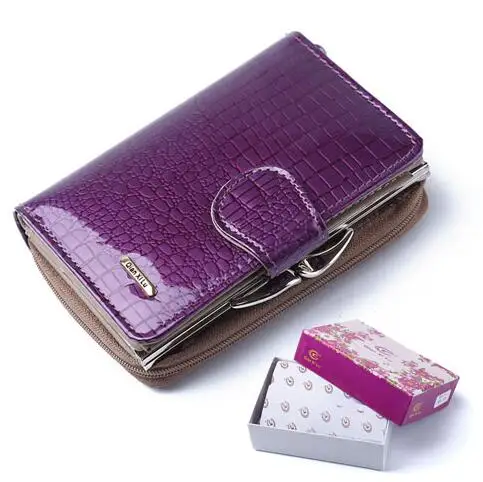 Горячая Аллигатор женские кошельки роскошные лакированные крокодил натуральная кожа дамы клатч кошелек Hasp короткие портмоне многофункциональные кошельки - Цвет: purple with box