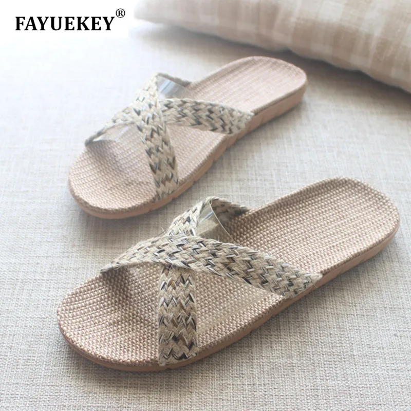 

FAYUEKEY 2019 Summer Men Linen Flax Home Slippers Floor Beach Outdoor Breathable Non-slip Casual Cross Slides Sandals Flat Shoes
