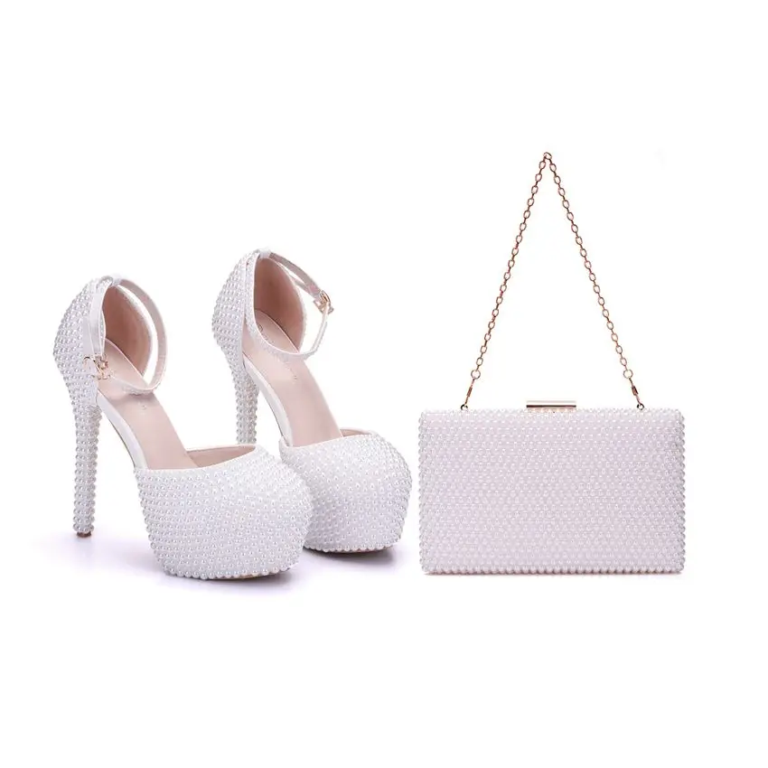 

Crystal Queen Pearl White Women's Wedding High Heel Platform Lady Sandals Bridal With Matching Bags With Purse Party Dress Shoes