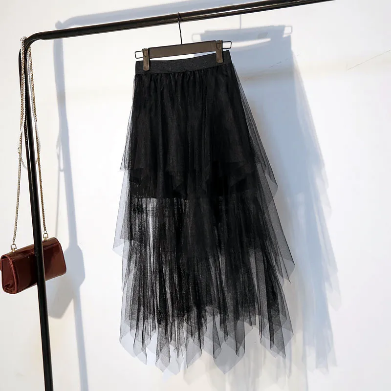 

Tulle Skirts Womens Fashion Elastic High Waist Irregular Mesh Tutu Skirt Pleated Long Skirts Midi Skirt Femme spring summer 2019