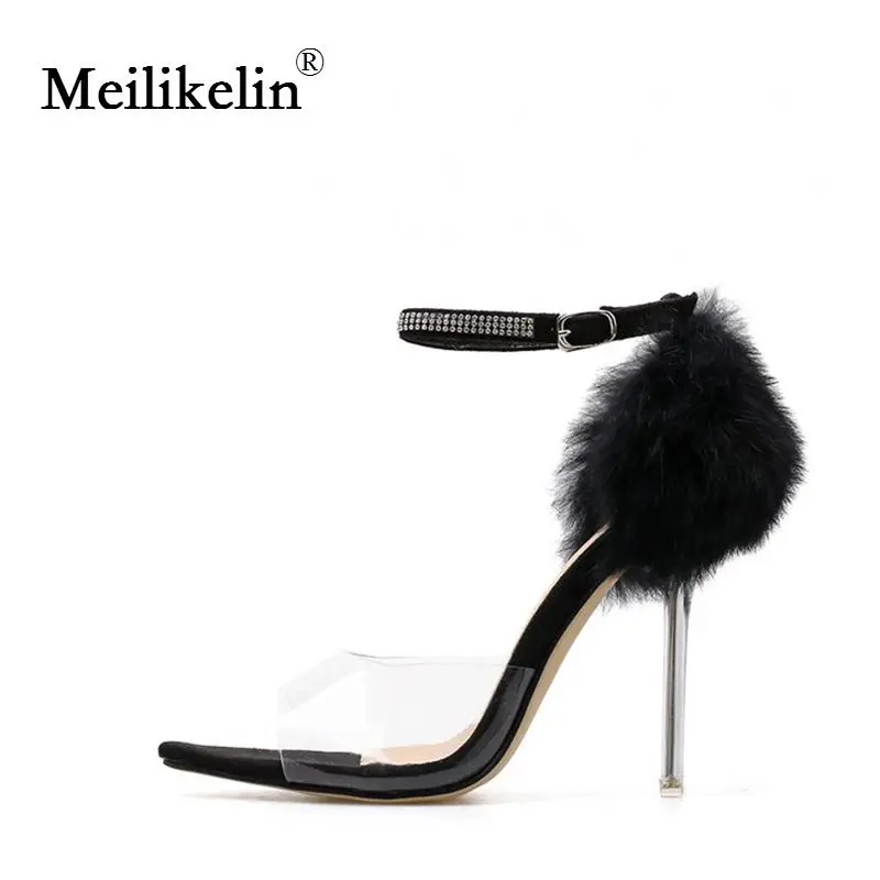 2019 women’s shoes summer sandals Fluffy pointed peep toe Crystal clear stilettos high-heels shoe Rabbit Fur Feather woman | Обувь