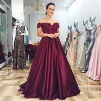 new arrival burgundy a line prom dresses off the shoulder 3d flower beading evening gowns draped satin special occasion dress