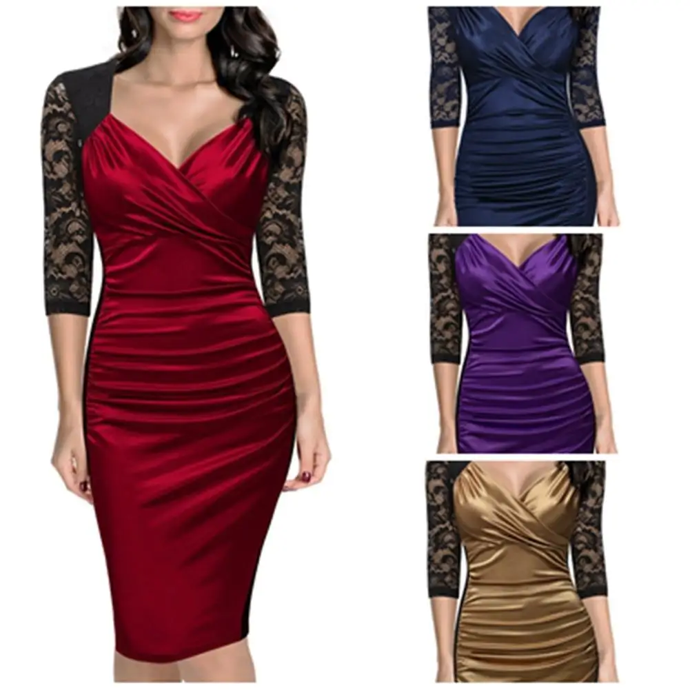 Женское кружевное платье средней длины повседневное облегающее с v образным