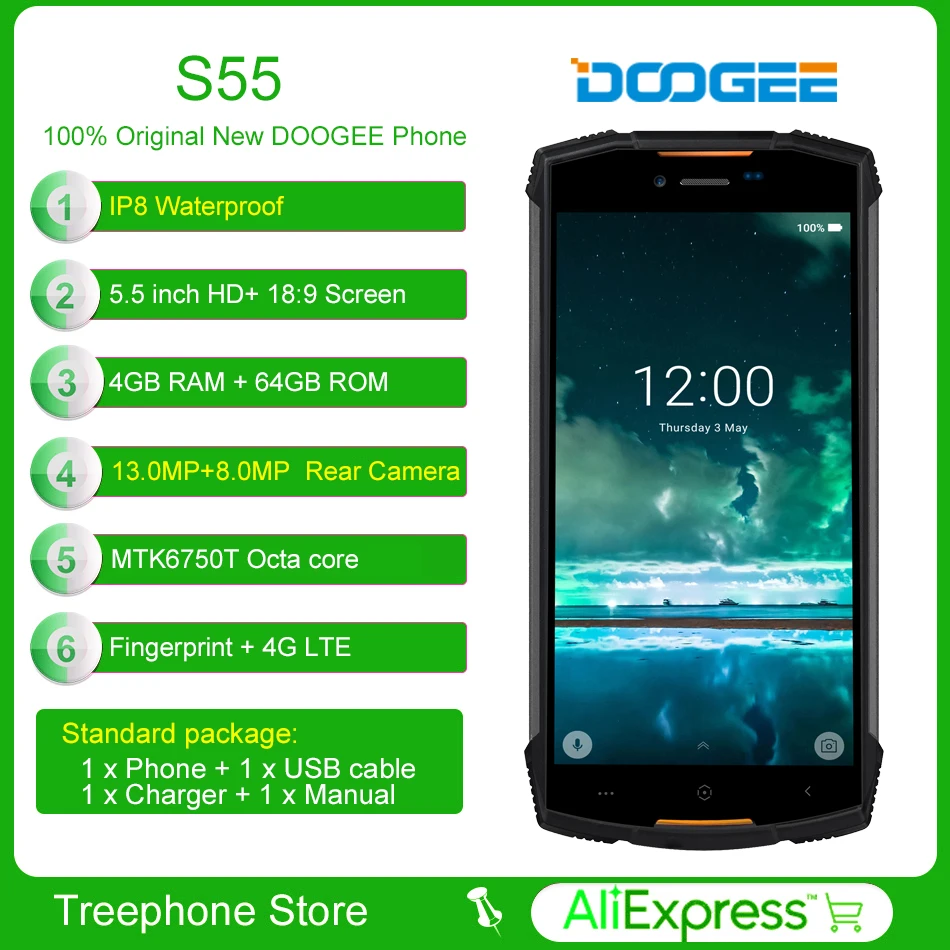DOOGEE S55 4 ГБ + 64 IP68 смартфон mtk6750t восемь ядер Android 8 0 5 &quotHD 18:9 Экран 5500 мАч 13.0MP