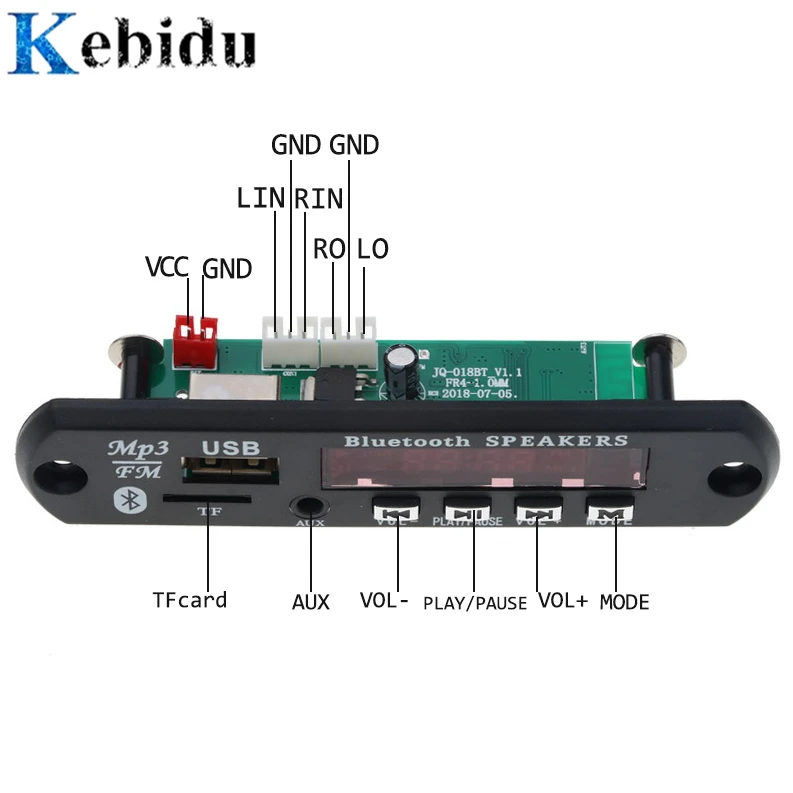 Kebidu беспроводной Bluetooth 4 1 аудио декодер Модуль платы mp3 плеер светодиодный MP3 AUX 5 12