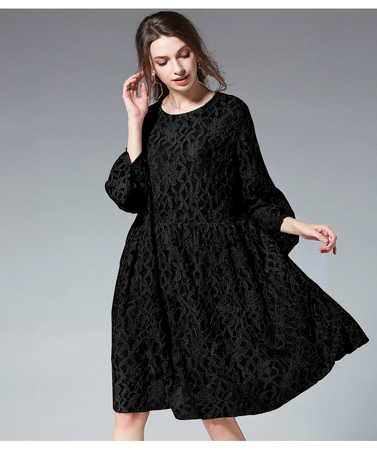 Queechalle 4XL размера плюс кружевные милые вечерние платья для женщин три четверти выдалбливают рукав клеш А-силуэта платье темно-розовый черный