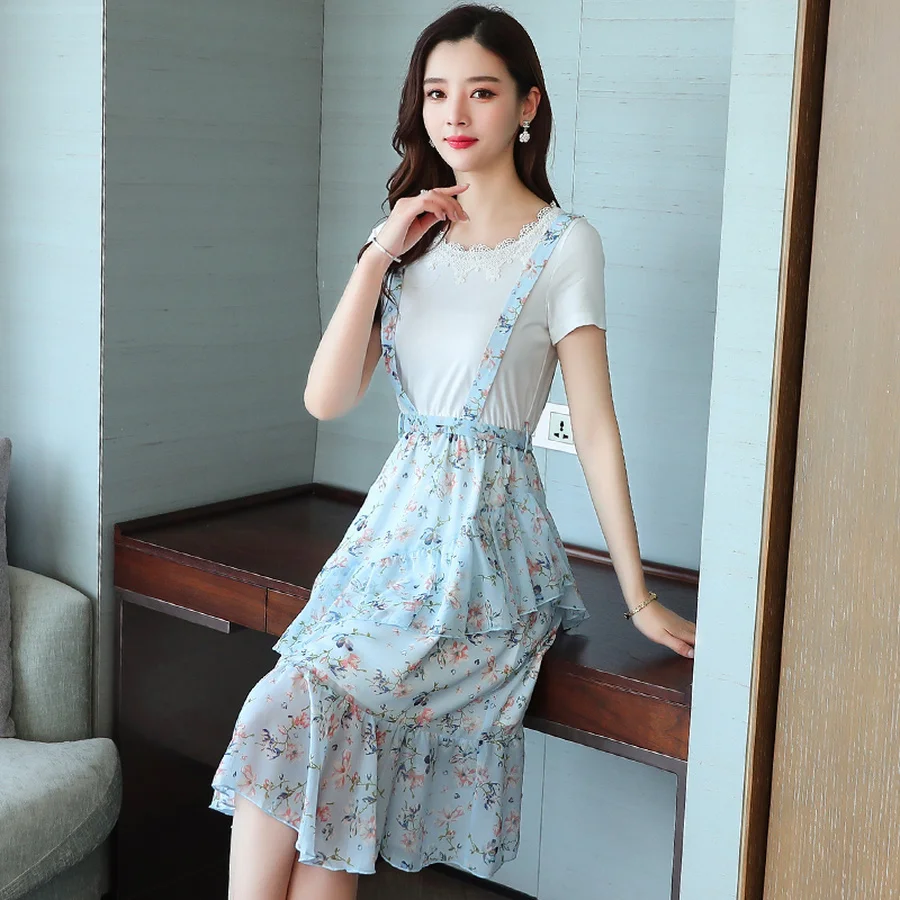 Femal Vintage Elegant Blue Chiffon Boho Midi Dresses Summer Plus Size Fake Two Piece Sundress Women Bodycon Party Vestidos