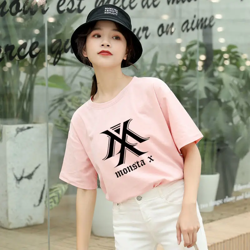 Розовый MONSTA X Kpop футболка для женщин в Корейском стиле Ulzzang короткий рукав хлопок топы футболки Летняя мода Повседневная Уличная Harajuku tumblr футболка - Цвет: Розовый