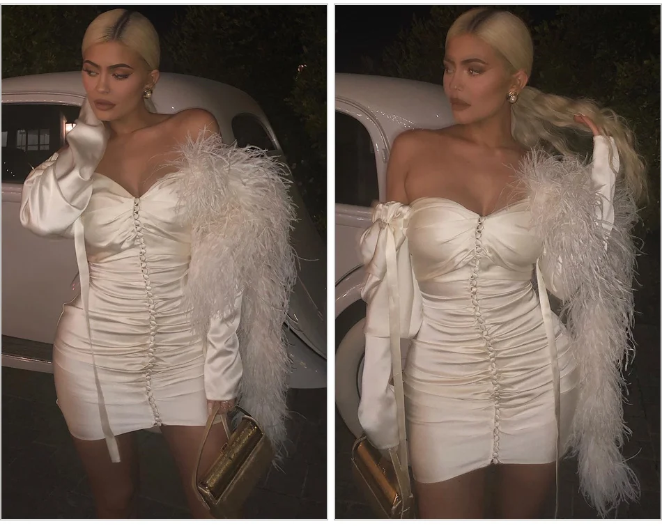 Шикарное шелковое платье с перьями KylieJenner, вечернее платье с открытыми плечами и пуговицами, облегающее Белое Мини-Платье, вечерние клубные платья, сексуальное платье