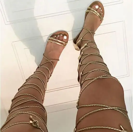 

Abesire Rome Style Women Solid Gold Lace-up Over-the-knee Boots Lady Peep Toe Flats Sandals Boots Woman Casual Ankle Strap Shoes