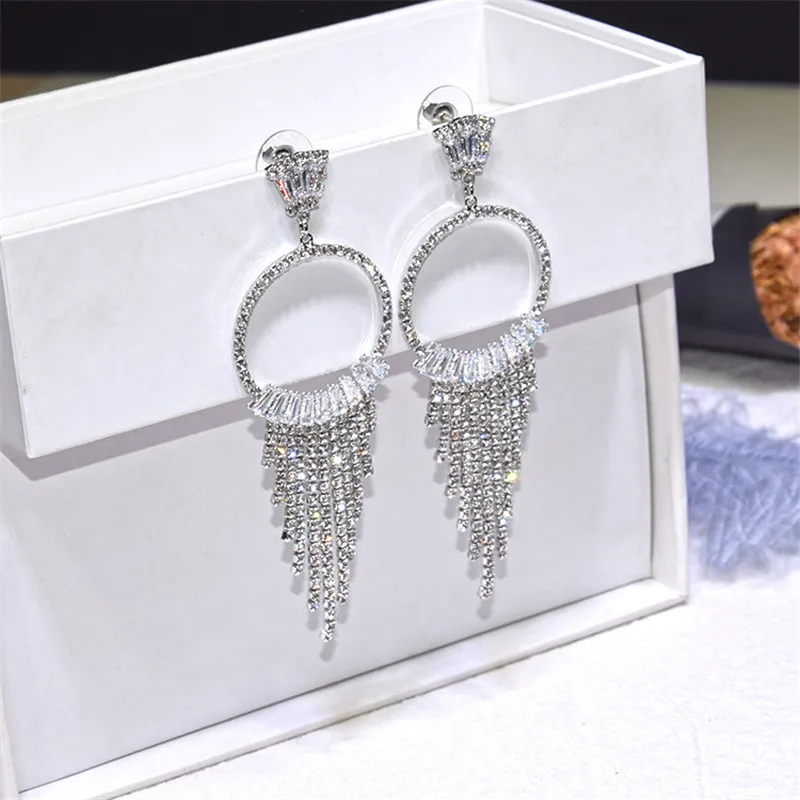 Ajoдрагоценность Bling Кристалл Циркон длинная цепочка кисточкой Висячие серьги Круглый Круг для женщин Роскошные Длинные серьги вечерние ювелирные изделия Bijoux