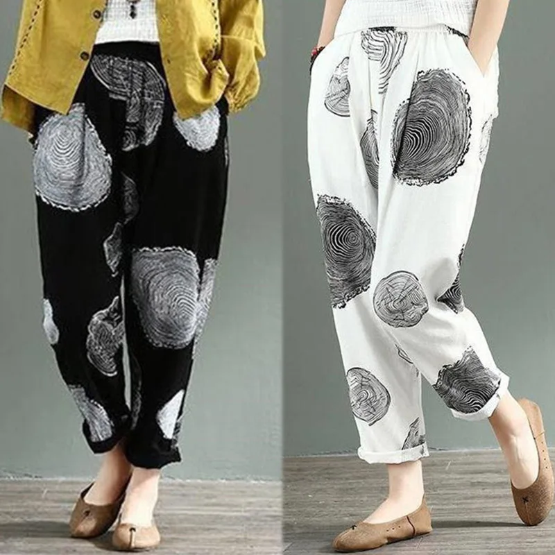ZANZEA Vintage Casual Polka Dot Linen Pants Women's Trousers Female Elastic Waist Printed Turnip Pants Plus Size Pantalon
