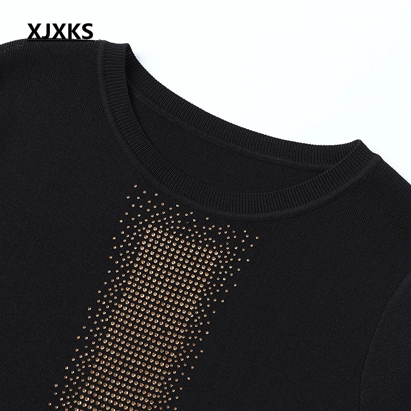 Женское трикотажное платье с коротким рукавом XJXKS черное тонкое прямое круглым