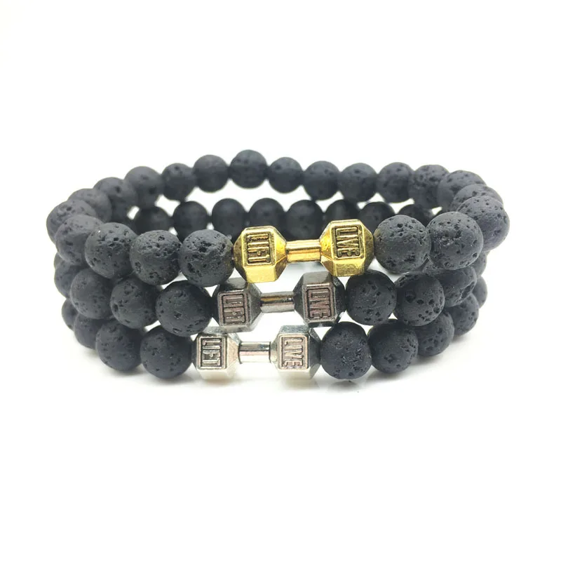 Натуральный черный камень из вулканической лавы браслет с гантелей черная