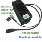 Лазерный модуль с ЧПУ 5000 МВт5 Вт 450нм, Фокусируемый синий диодный лазерный модуль для резки, гравировки, резьбы, регулировка мощности аналогового сигнала