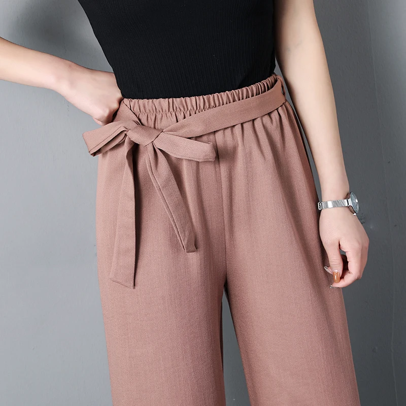 

2019 Korean Summer Spring Casual Women Elastic High Waisted Linen Wide Leg Trousers , Womans Clothes , Womens Black White Pants