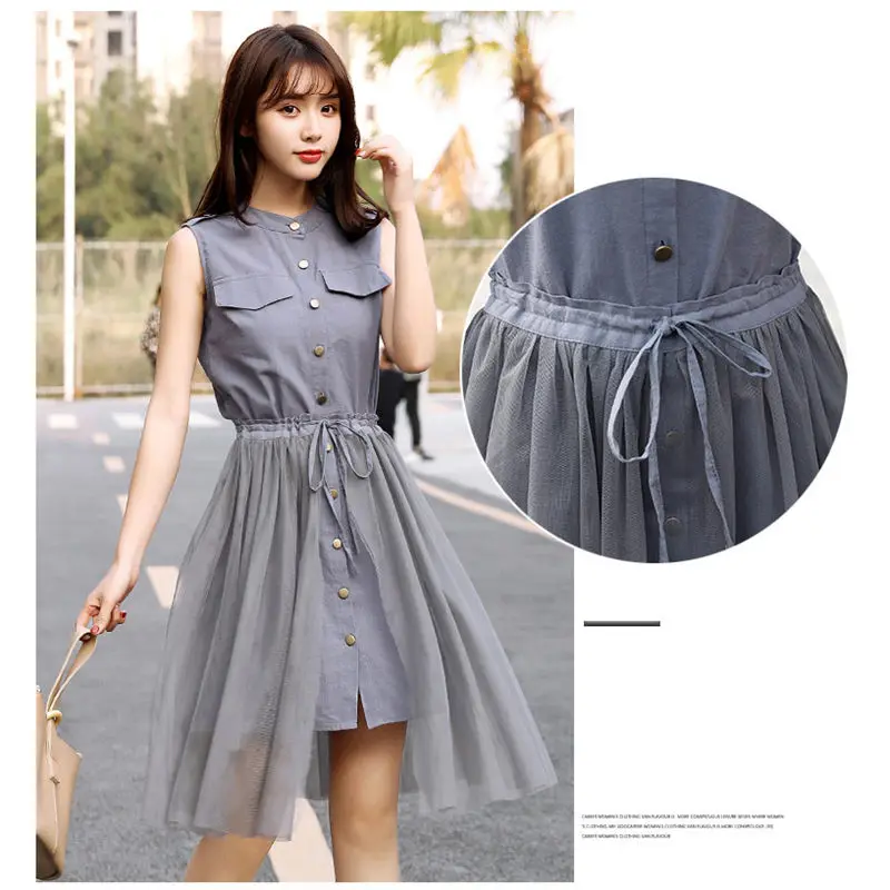 Женское длинное Сетчатое платье-рубашка однобортное без рукавов в стиле пэчворк