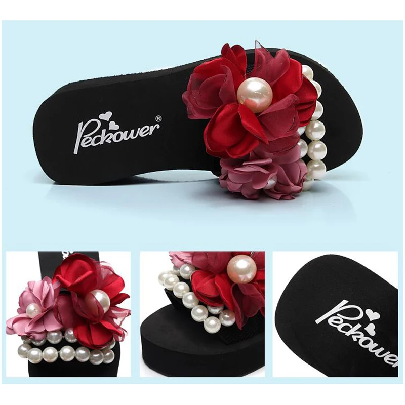 Сандалии женские на танкетке Нескользящие шлепанцы с жемчугом цветочным принтом