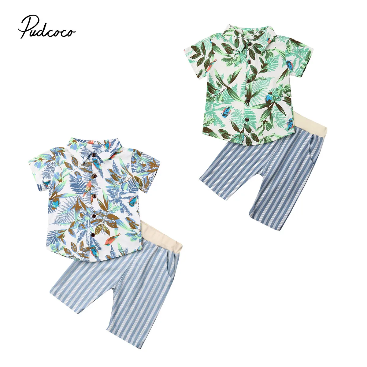 2019 Brand Summer Newborn Baby Boy Fashion Clothes Green Leaf Short Sleeve Tops Shirt+Short Striped Pants Set Holiday Beachwear |