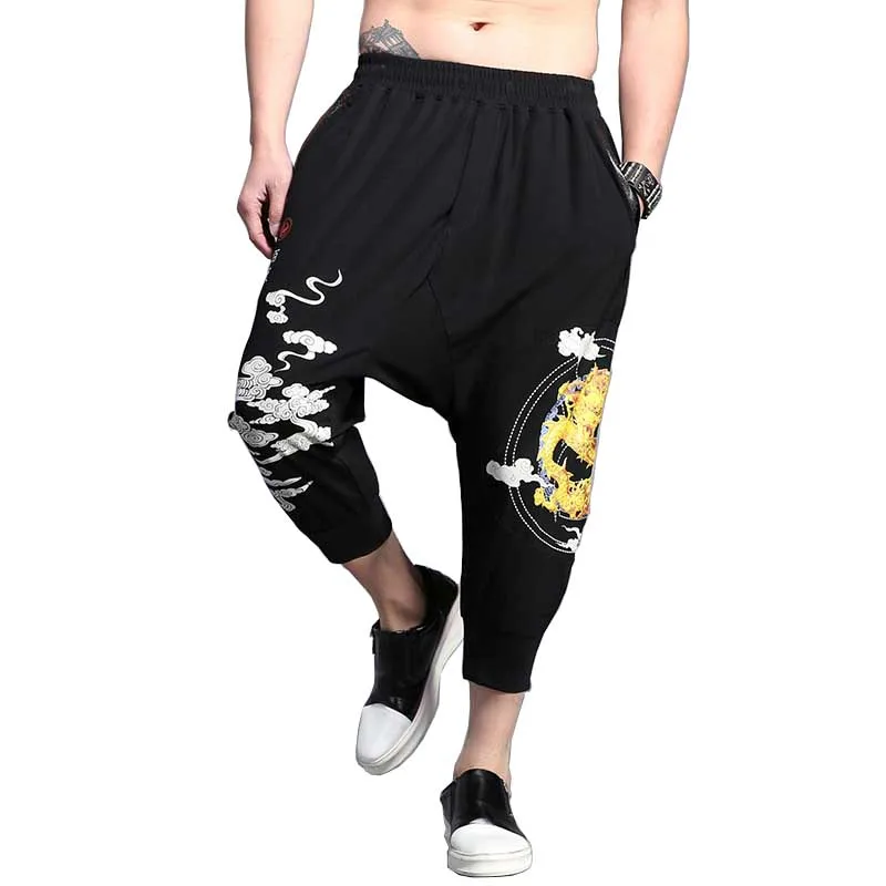 Корейская модная одежда 3/4 длина брюки с принтом дракона Мужские повседневные