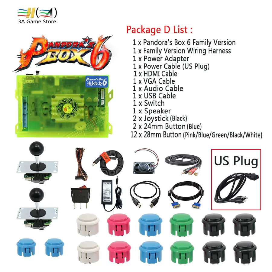 D set - US plug Pandora Box 6 1300 в 1 семейная версия контрольные принадлежности diy аркадный джойстик кнопки HDMI VGA USB Комплект Динамиков Аркады 2 плеера - Цвет: D set - US plug